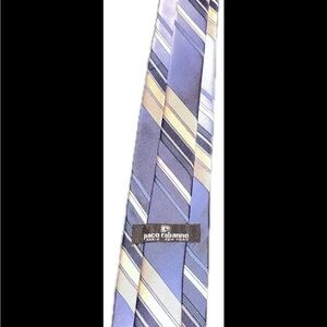 Paco Rabanne Vintage 100% Polyester Necktie With Blue White & Beige Striped